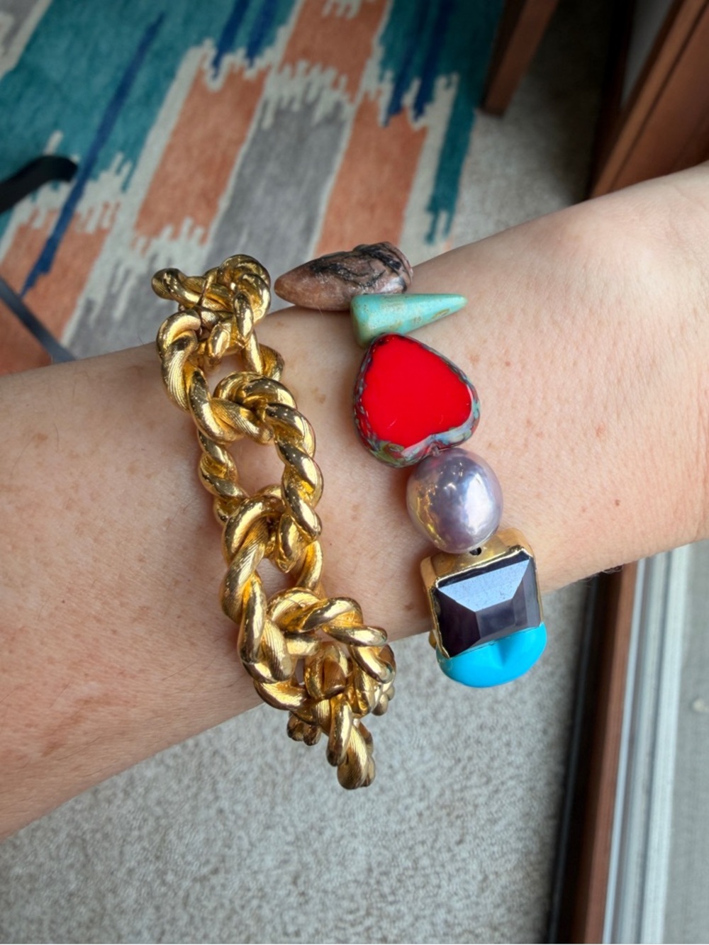 Bracelet Stack Chunky Gold Chain Various Stones and Beads Stretch Band